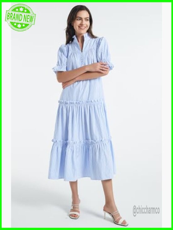 Small Maxi Dress with Puff Sleeves Button Down Tiered V-Neck Flowy - Picture 5 of 7